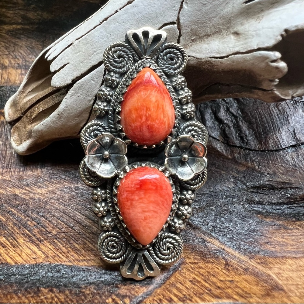 925 Sterling Spiny Oyster Statement Ring Size 9 Floral Southwest Bold